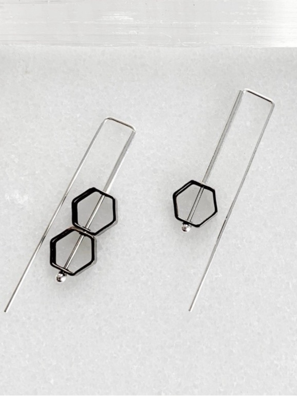 Lewis & Pine Black Asymmetrical Hexagon Earrings — Minimal Geometric Drop